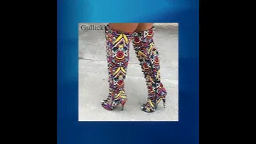 Gullick Geometric Print Leather Tight High Boots Peep Toe Lace up Women Over The Knee Boots Side ...